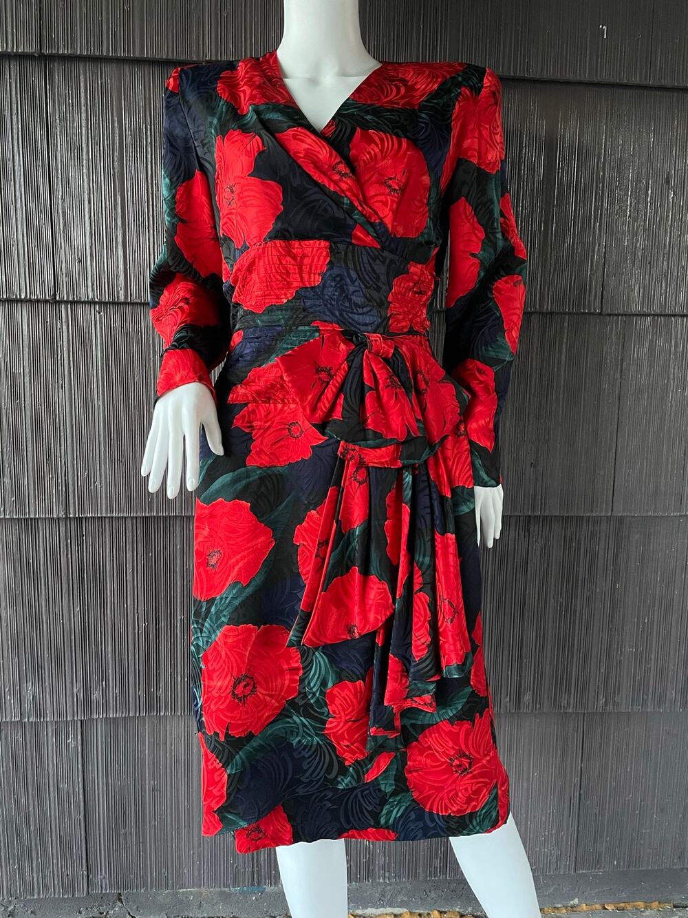 VTG 80s YVES Cossette 100% Silk Long Sleeve Romantic Rose Print Dress Cocktail